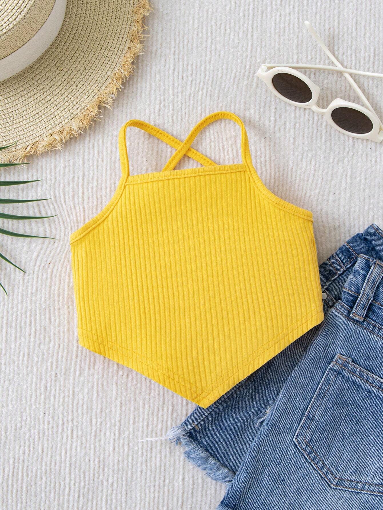Girls Ribbed Knit Crossback Asymmetric Crop Cami - Solar | 21 Centu...