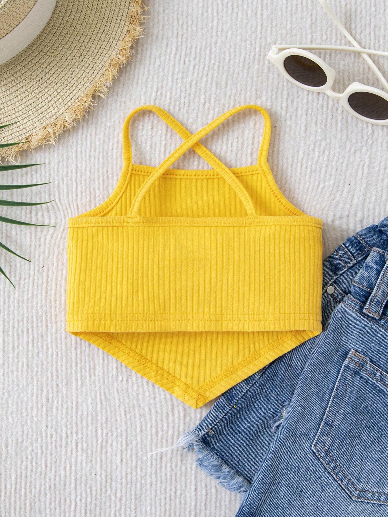 Girls Ribbed Knit Crossback Asymmetric Crop Cami - Solar | 21 Centu...