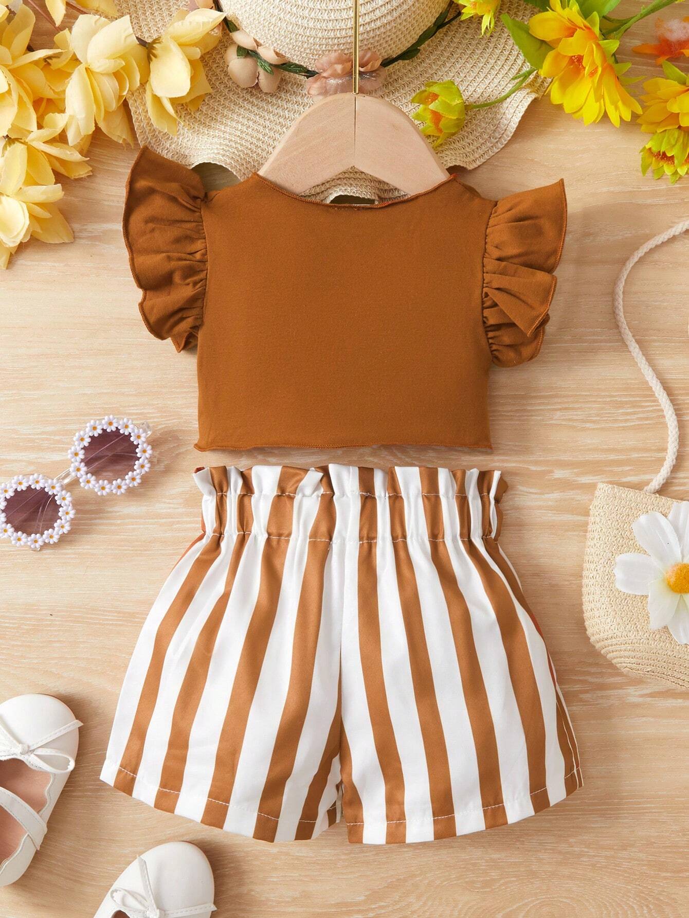 2pcs Girls Twist-Front Ruffle Top & Striped Shorts Set - Cognac