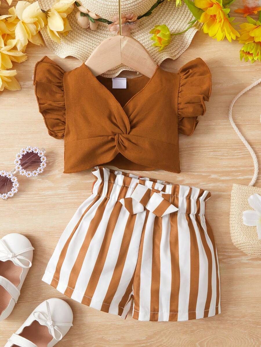 2pcs Girls Twist-Front Ruffle Top & Striped Shorts Set - Cognac