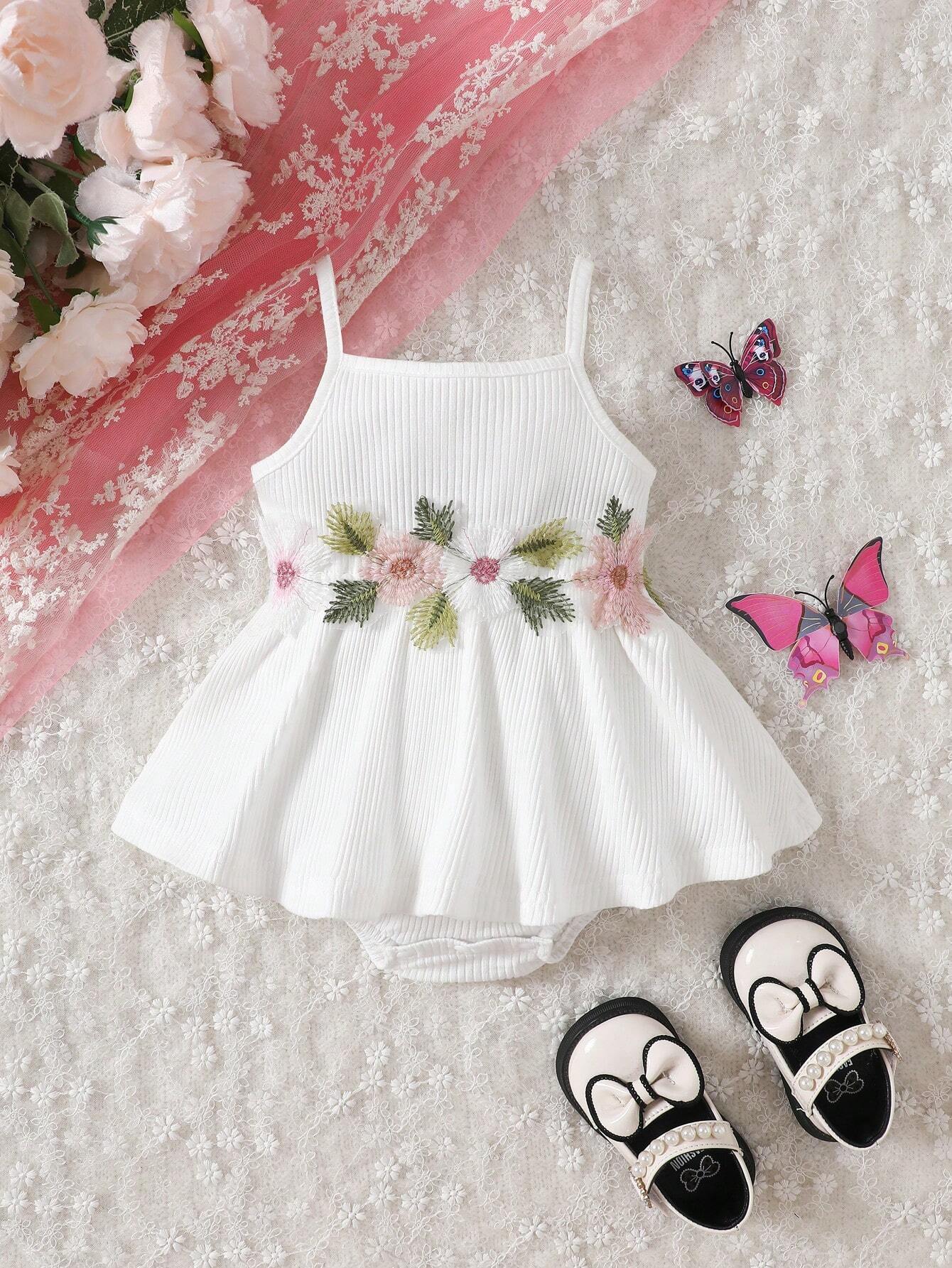 Girls Floral Embroidered Ribbed Cami Romper - Ivory