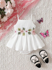 Girls Floral Embroidered Ribbed Cami Romper - Ivory