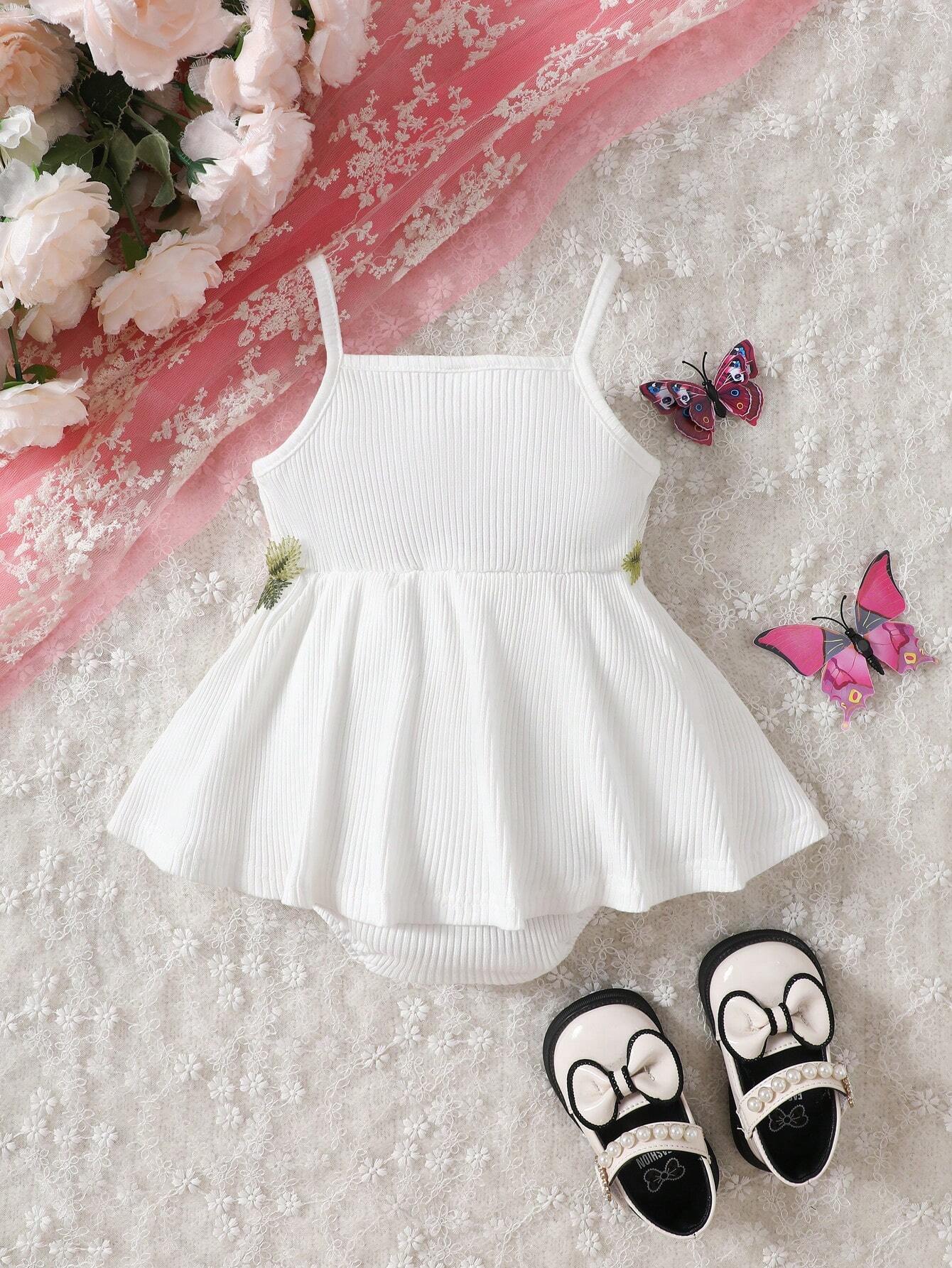 Girls Floral Embroidered Ribbed Cami Romper - Ivory