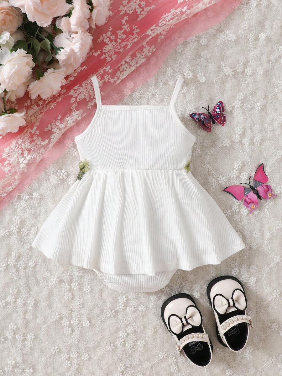 Girls Floral Embroidered Ribbed Cami Romper - Ivory