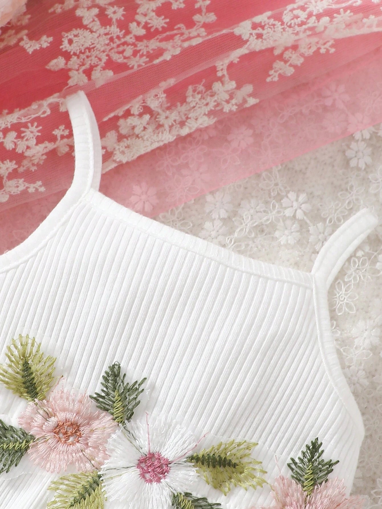 Girls Floral Embroidered Ribbed Cami Romper - Ivory