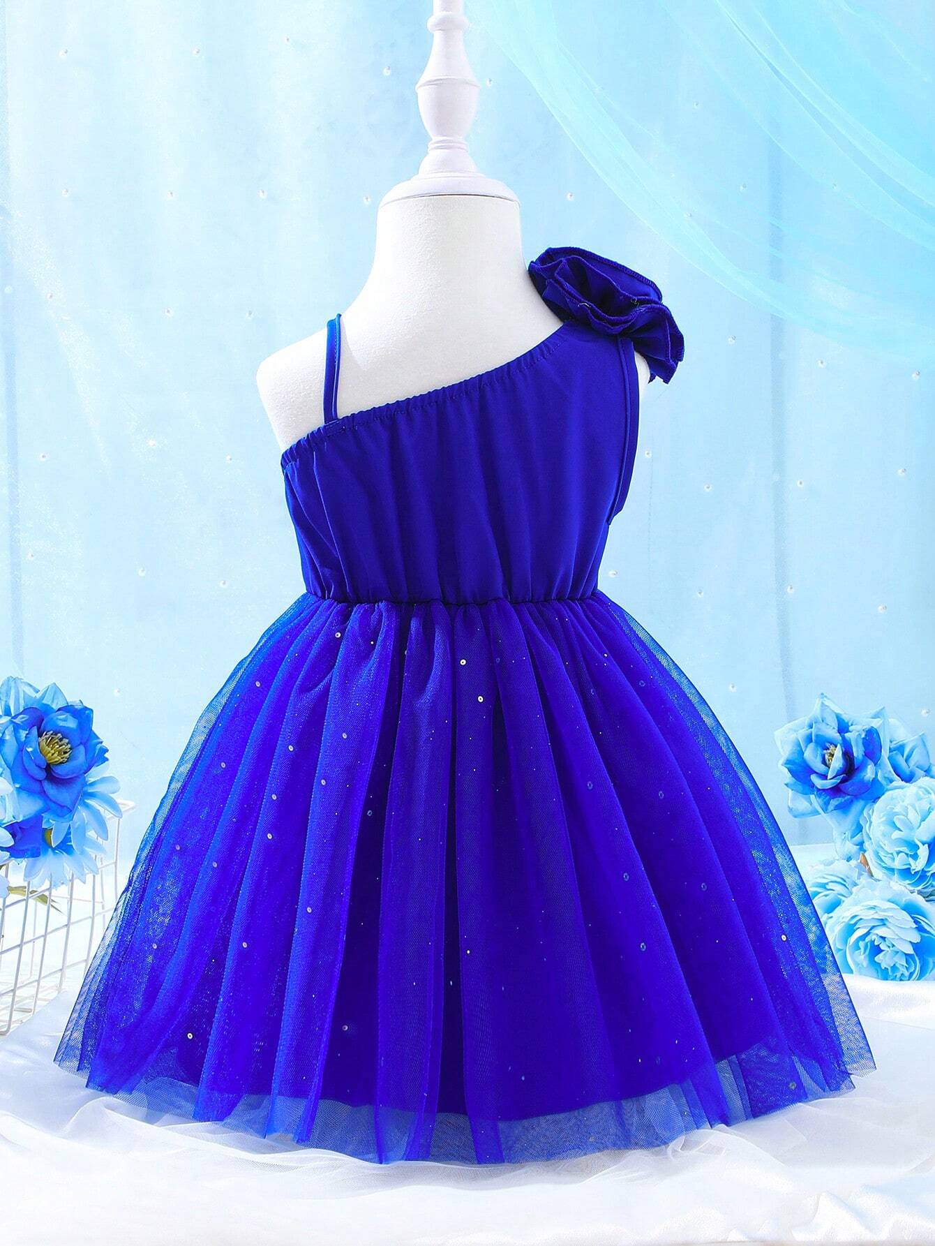 Girls One-Shoulder Rosette Sequin Tulle Party Dress - Cobalt | 21 C...