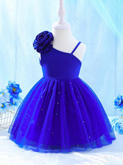 Girls One-Shoulder Rosette Sequin Tulle Party Dress - Cobalt | 21 C...