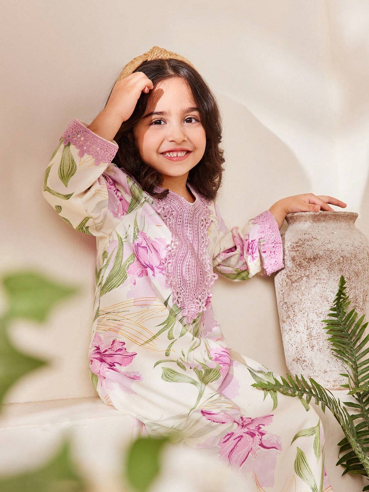 Little Girls Floral Iris Print Lace Bib Maxi Dress - Ecru | 21 Cent...