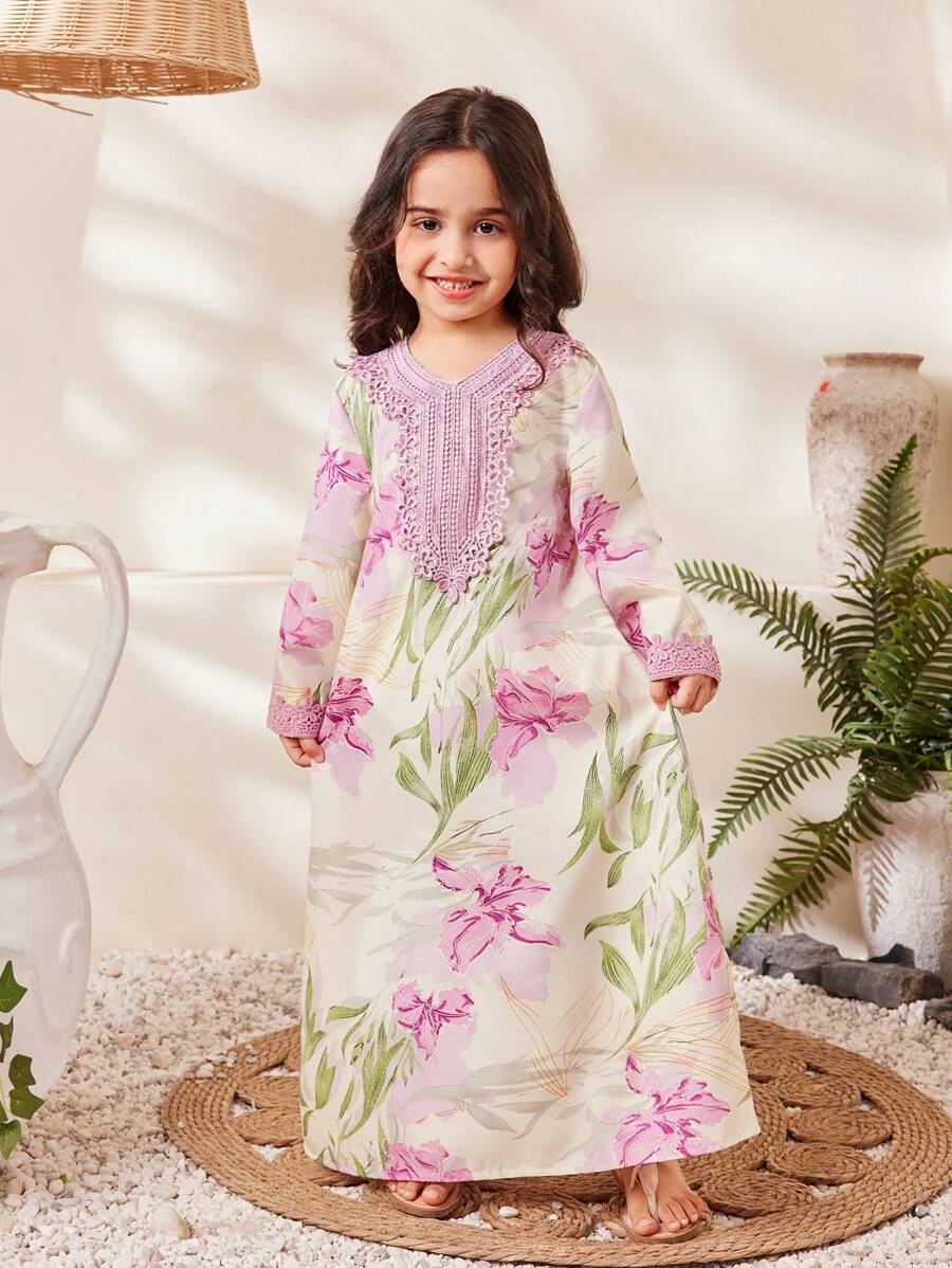 Little Girls Floral Iris Print Lace Bib Maxi Dress - Ecru | 21 Cent...