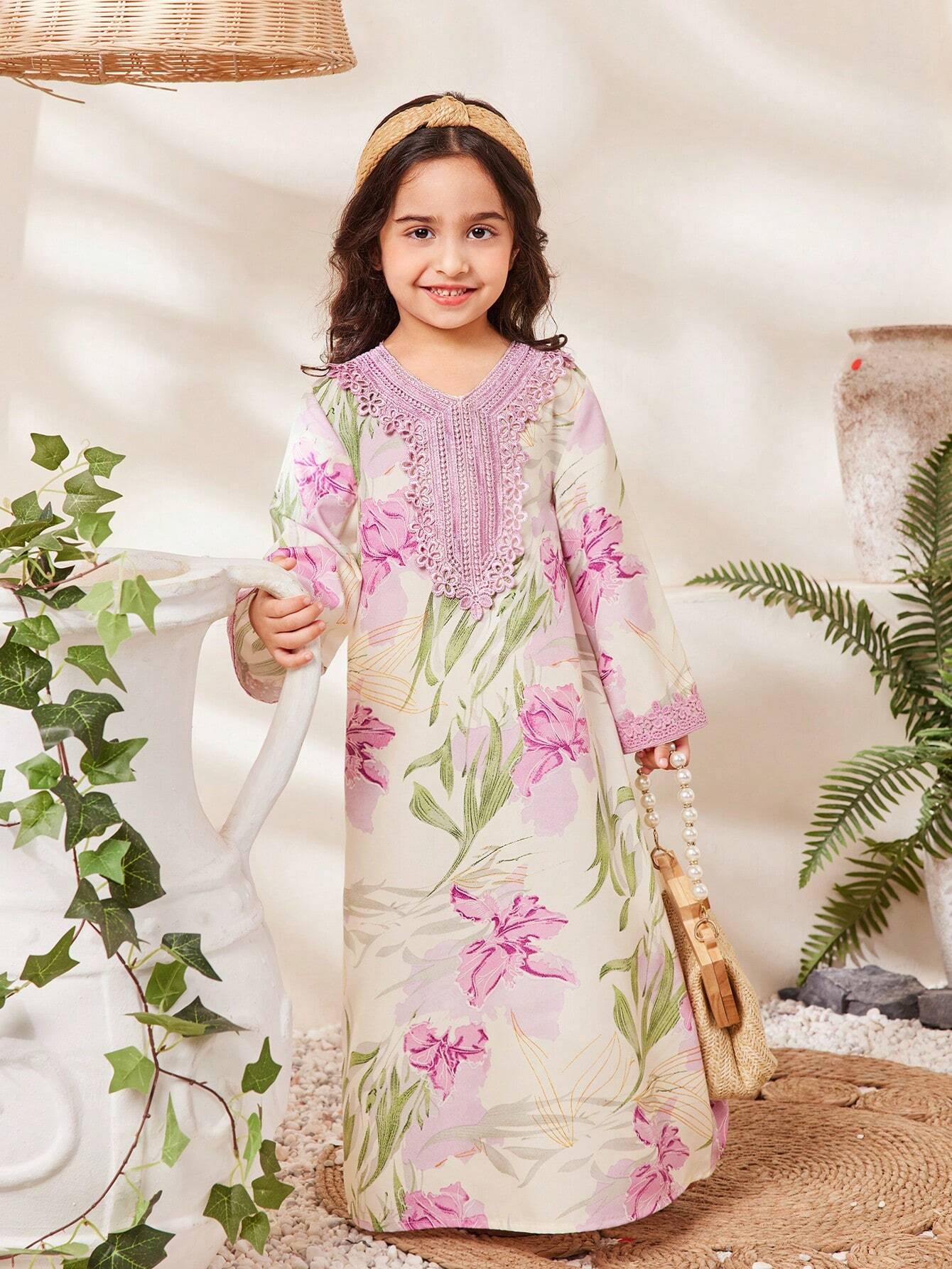 Little Girls Floral Iris Print Lace Bib Maxi Dress - Ecru | 21 Cent...