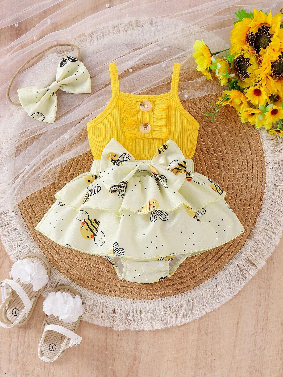 Baby Girls Bee Print Ribbed Bodysuit & Tiered Skirt Set - Buttercup...