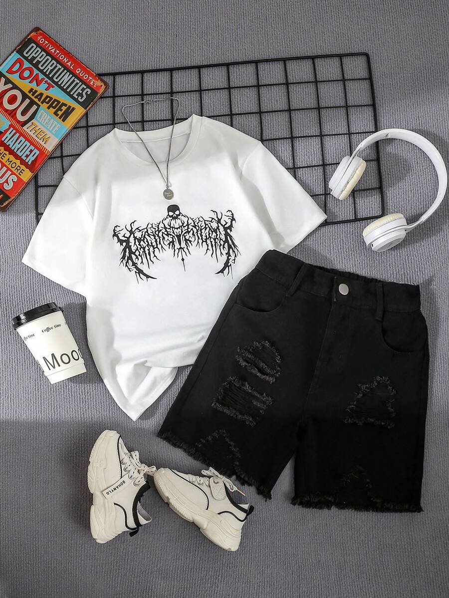 2pcs Big Boys Skull Graphic Tee & Ripped Denim Shorts Set - Ivory |...