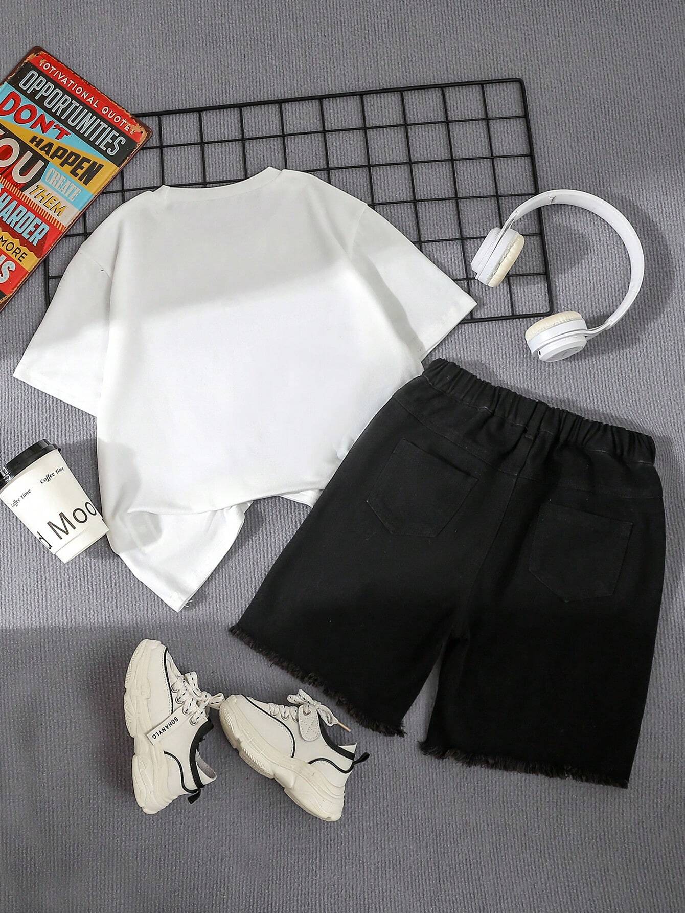 2pcs Big Boys Skull Graphic Tee & Ripped Denim Shorts Set - Ivory |...