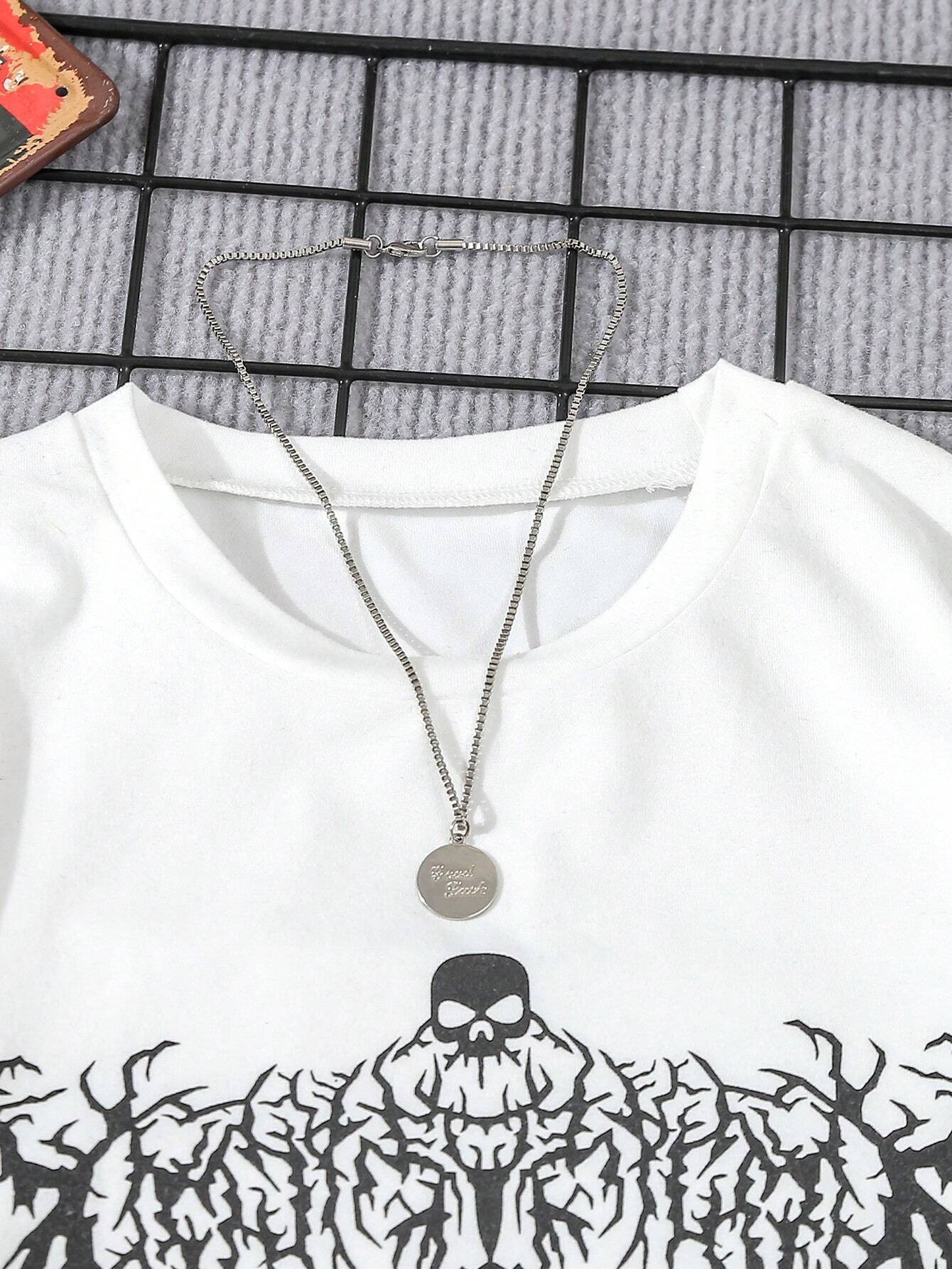 2pcs Big Boys Skull Graphic Tee & Ripped Denim Shorts Set - Ivory |...