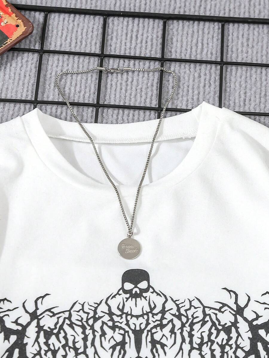 2pcs Big Boys Skull Graphic Tee & Ripped Denim Shorts Set - Ivory |...