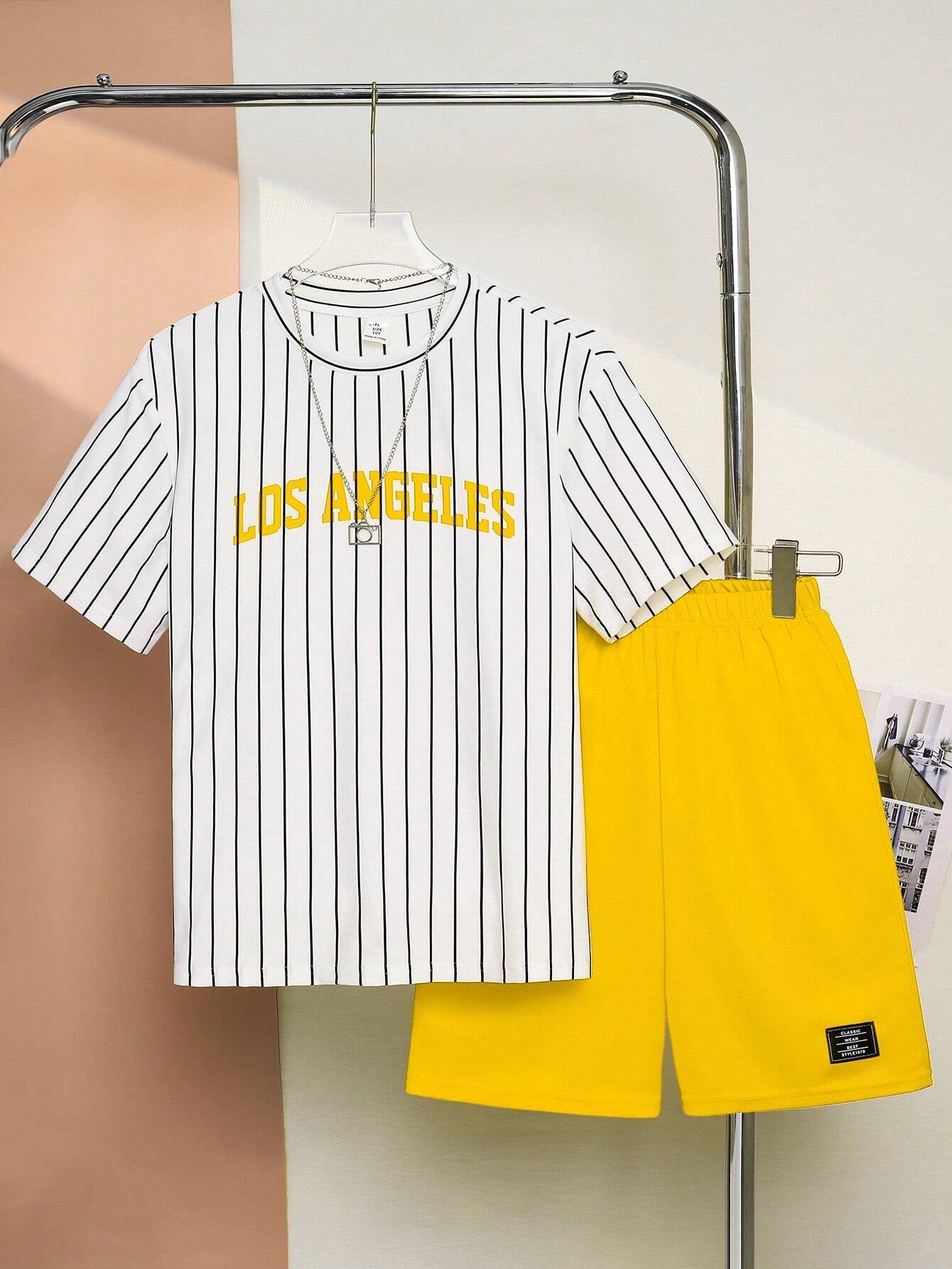 2pcs Big Boys Pinstripe Tee & Shorts Set - Ivory | 21 Century Kids