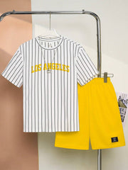 2pcs Big Boys Pinstripe Tee & Shorts Set - Ivory | 21 Century Kids