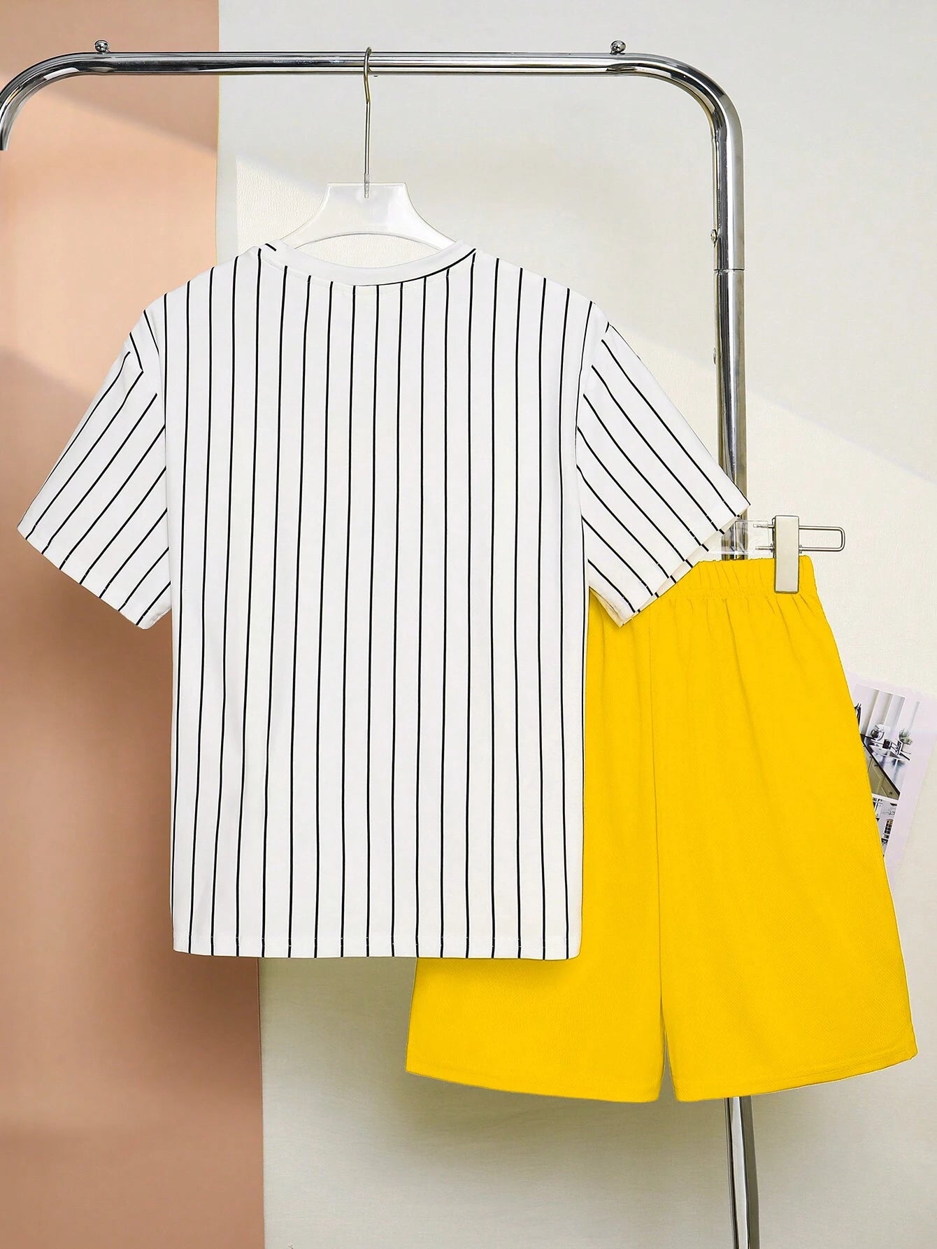 2pcs Big Boys Pinstripe Tee & Shorts Set - Ivory | 21 Century Kids