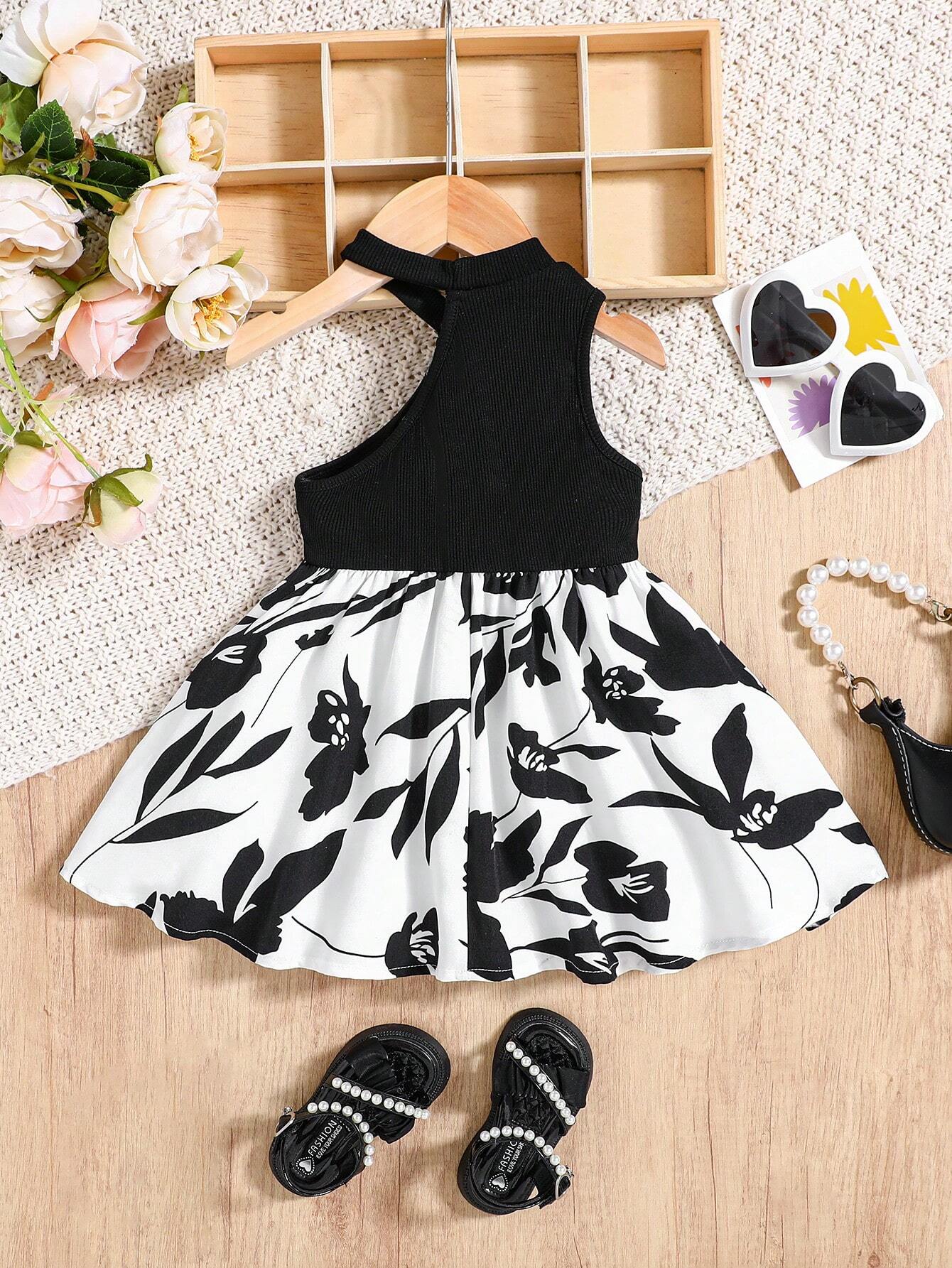 Girls Ribbed Halter Neck Floral Skirt Dress - Onyx | 21 Century Kids