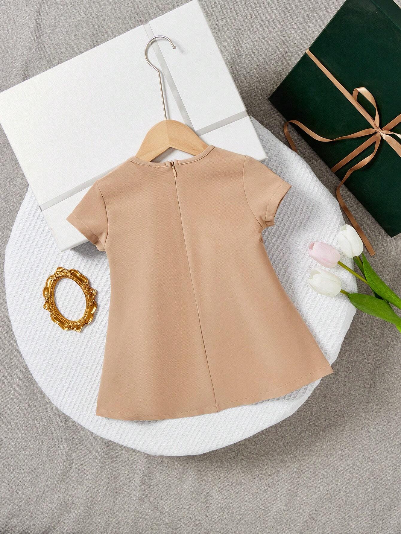 Girls Monogram Bow Detail A-Line Short Sleeve Dress - Latte | 21 Ce...