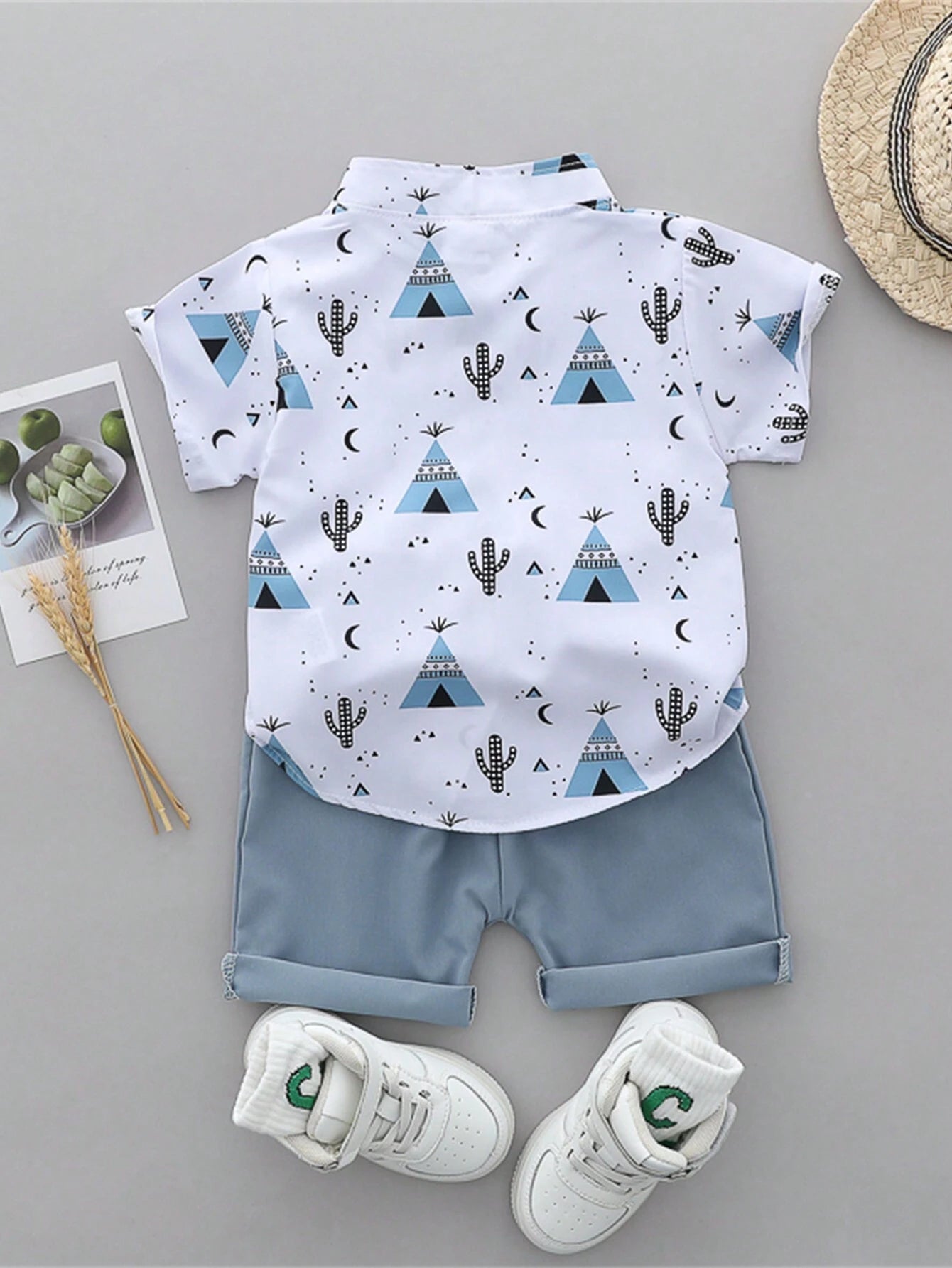 2pcs Boys Tepee Print Mandarin Collar Shirt & Shorts Set - Ivory | ...