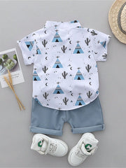 2pcs Boys Tepee Print Mandarin Collar Shirt & Shorts Set - Ivory | ...