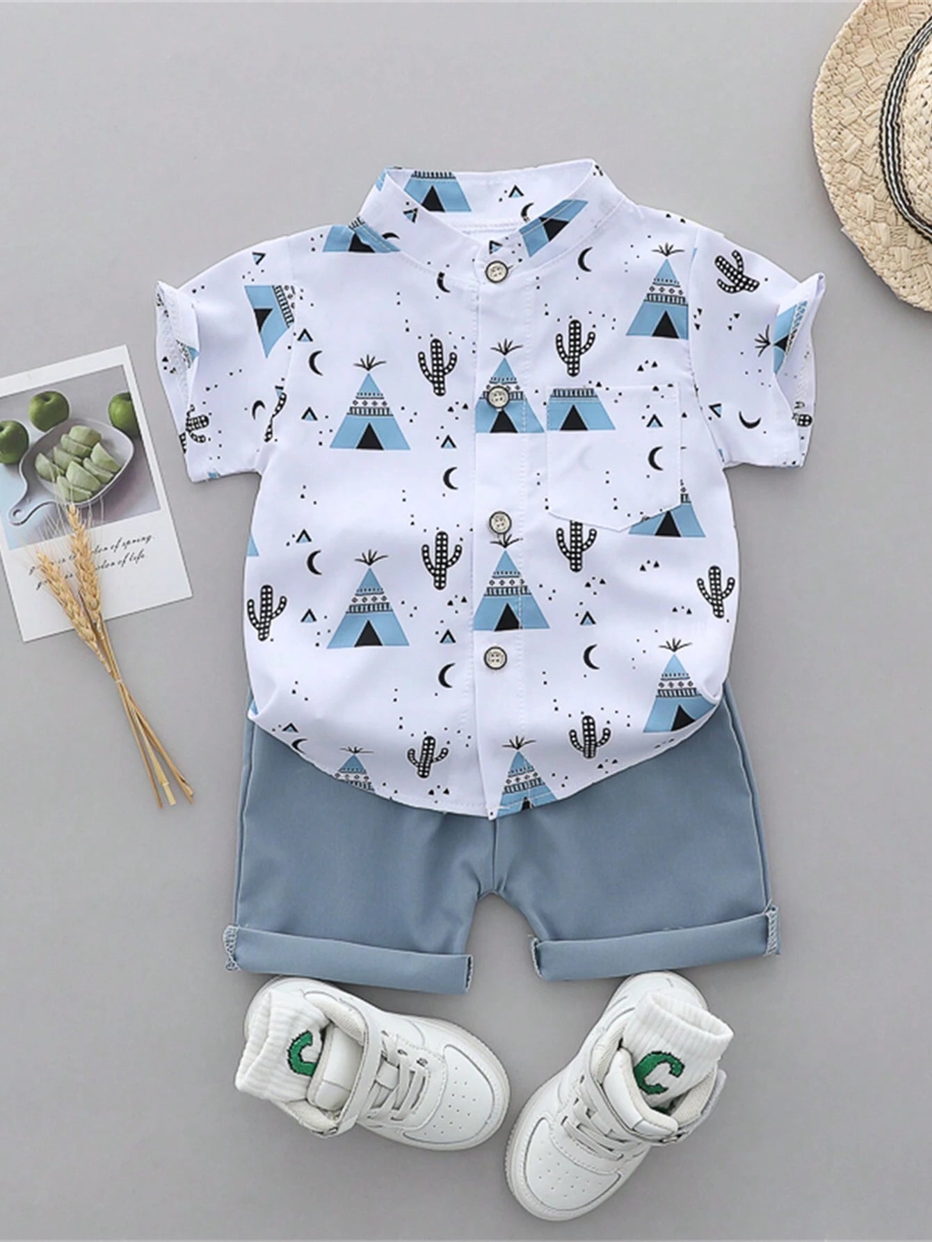 2pcs Boys Tepee Print Mandarin Collar Shirt & Shorts Set - Ivory | ...