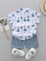 2pcs Boys Tepee Print Mandarin Collar Shirt & Shorts Set - Ivory | ...