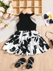 Girls Ribbed Halter Neck Floral Skirt Dress - Onyx | 21 Century Kids