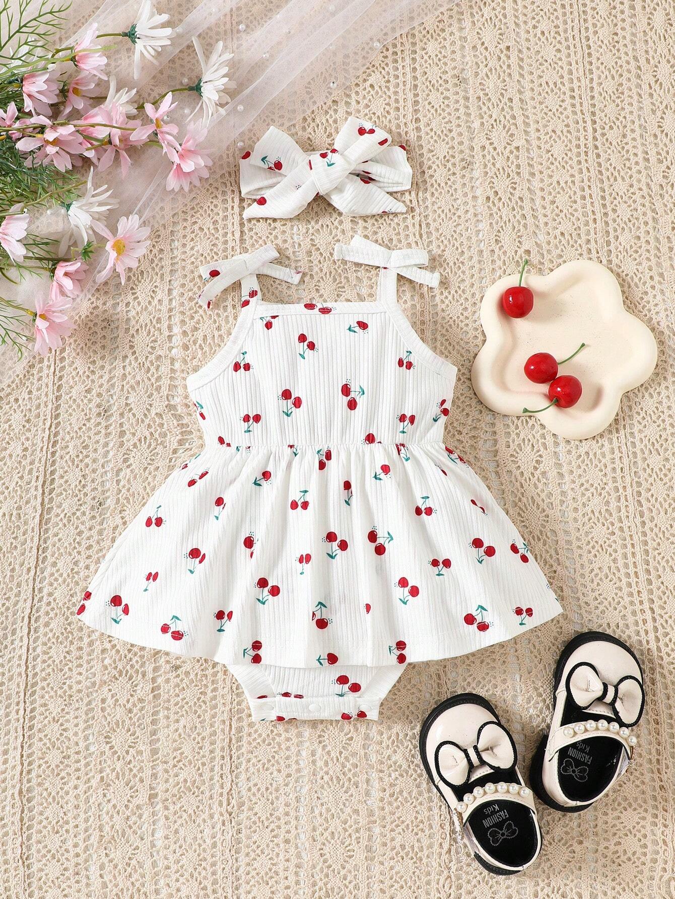 2pcs Baby Girls Cherry Print Romper & Bow Headband - Ivory | 21 Cen...