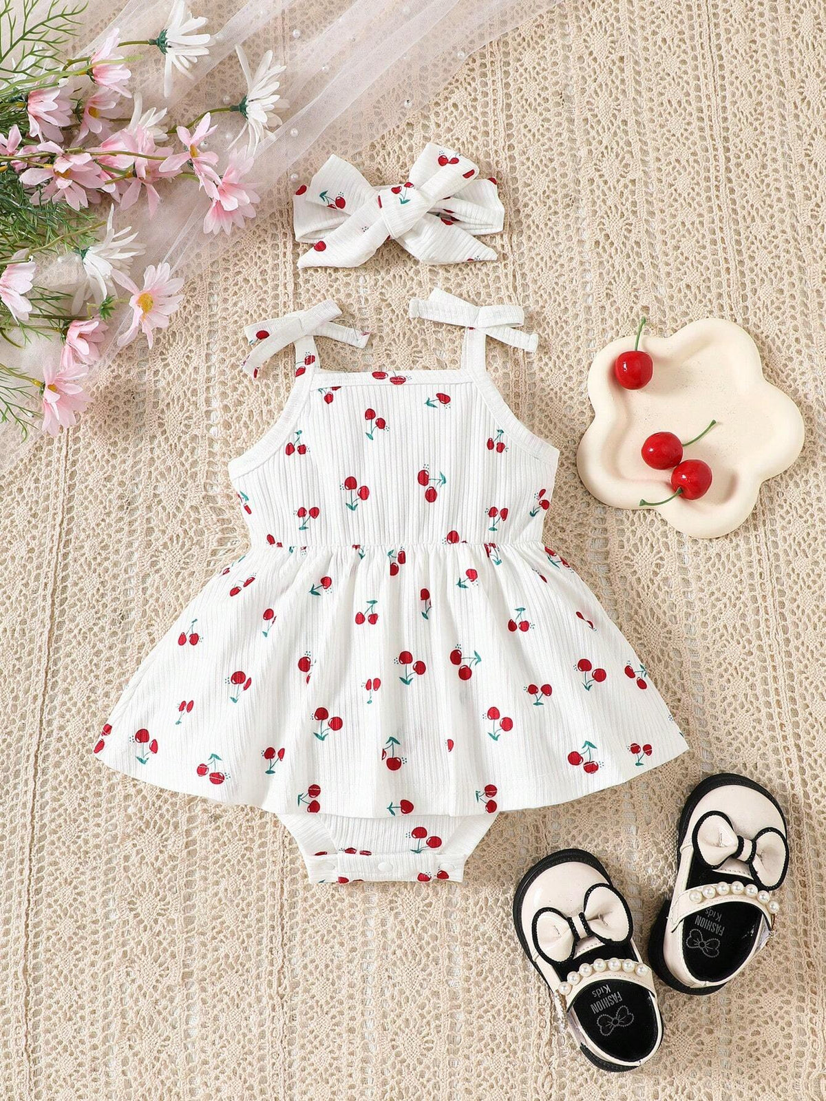 2pcs Baby Girls Cherry Print Romper & Bow Headband - Ivory | 21 Cen...