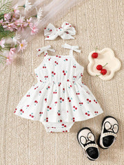 2pcs Baby Girls Cherry Print Romper & Bow Headband - Ivory | 21 Cen...