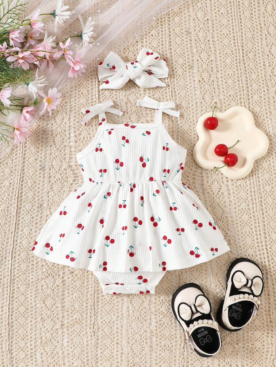 2pcs Baby Girls Cherry Print Romper & Bow Headband - Ivory | 21 Cen...