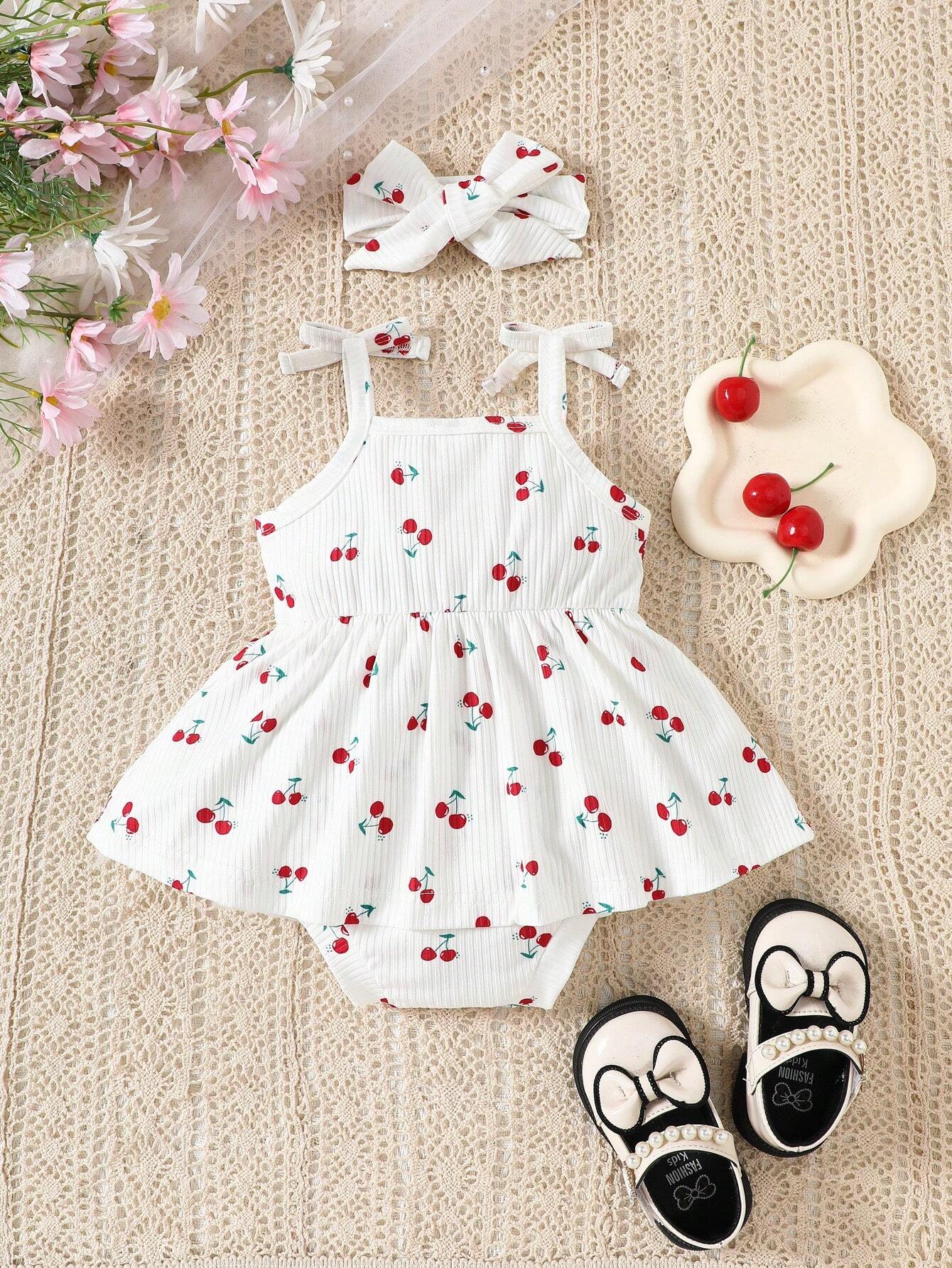 2pcs Baby Girls Cherry Print Romper & Bow Headband - Ivory | 21 Cen...