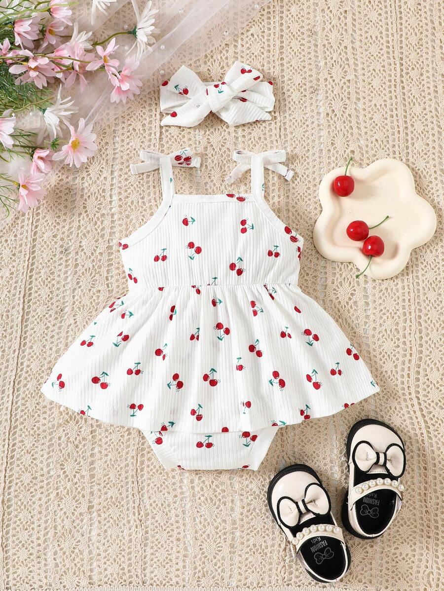 2pcs Baby Girls Cherry Print Romper & Bow Headband - Ivory | 21 Cen...
