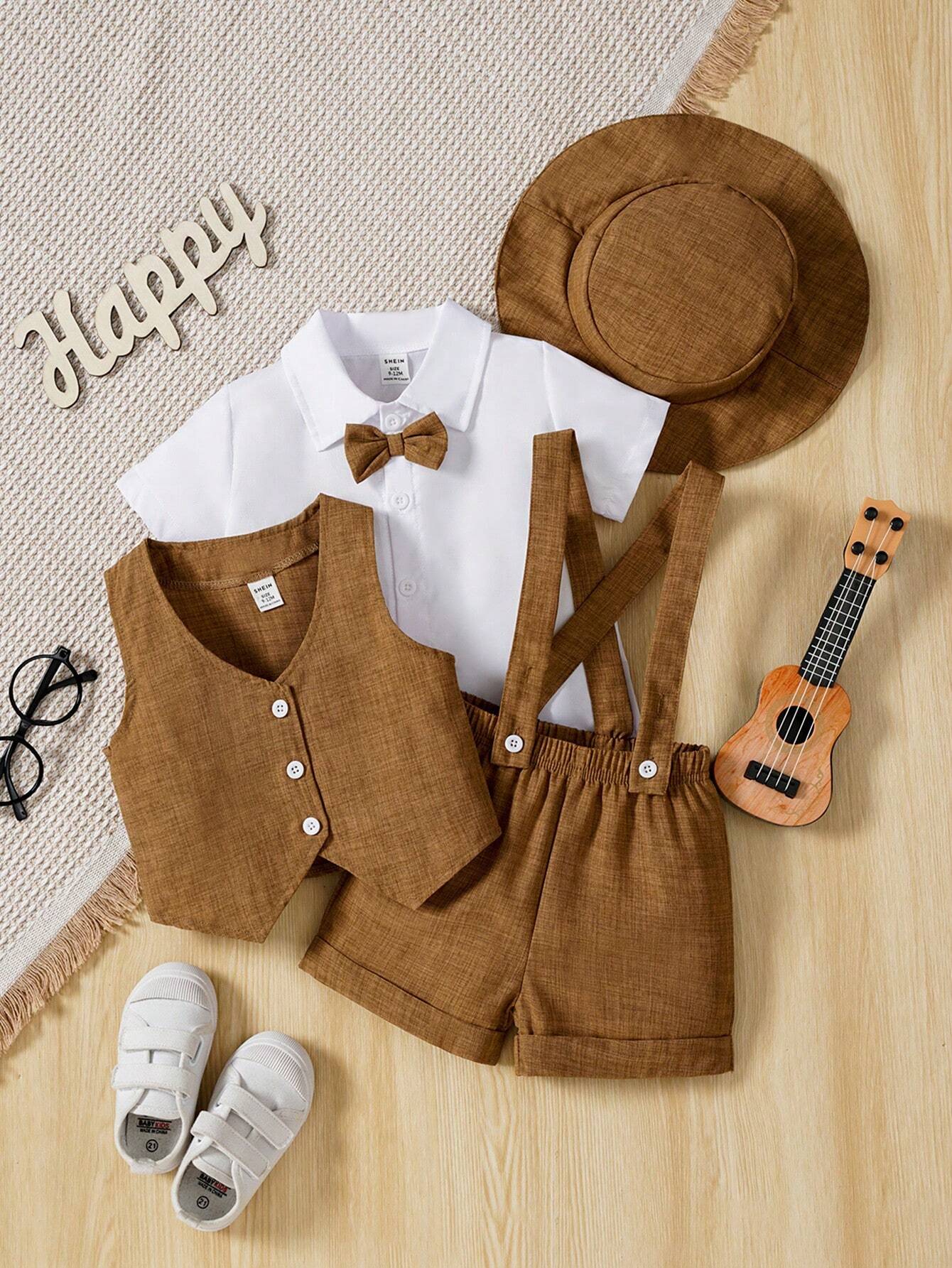 Boys Gentleman Bow Tie Shirt & Suspender Shorts - Latte