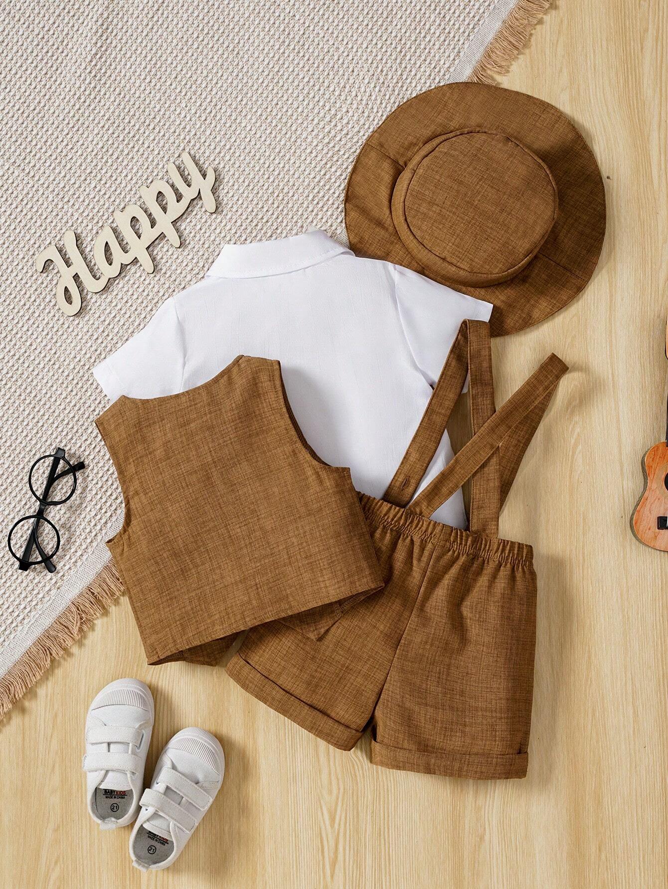 Boys Gentleman Bow Tie Shirt & Suspender Shorts - Latte