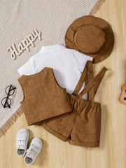 Boys Gentleman Bow Tie Shirt & Suspender Shorts - Latte
