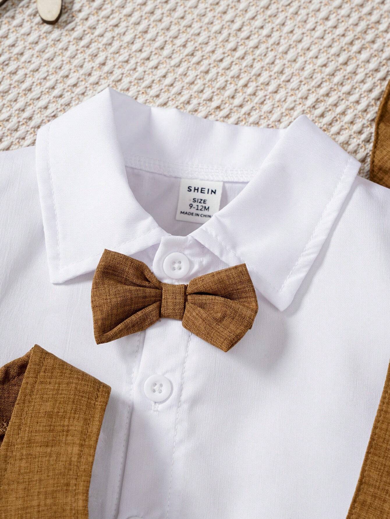 Boys Gentleman Bow Tie Shirt & Suspender Shorts - Latte