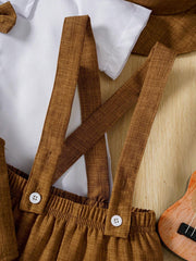 Boys Gentleman Bow Tie Shirt & Suspender Shorts - Latte