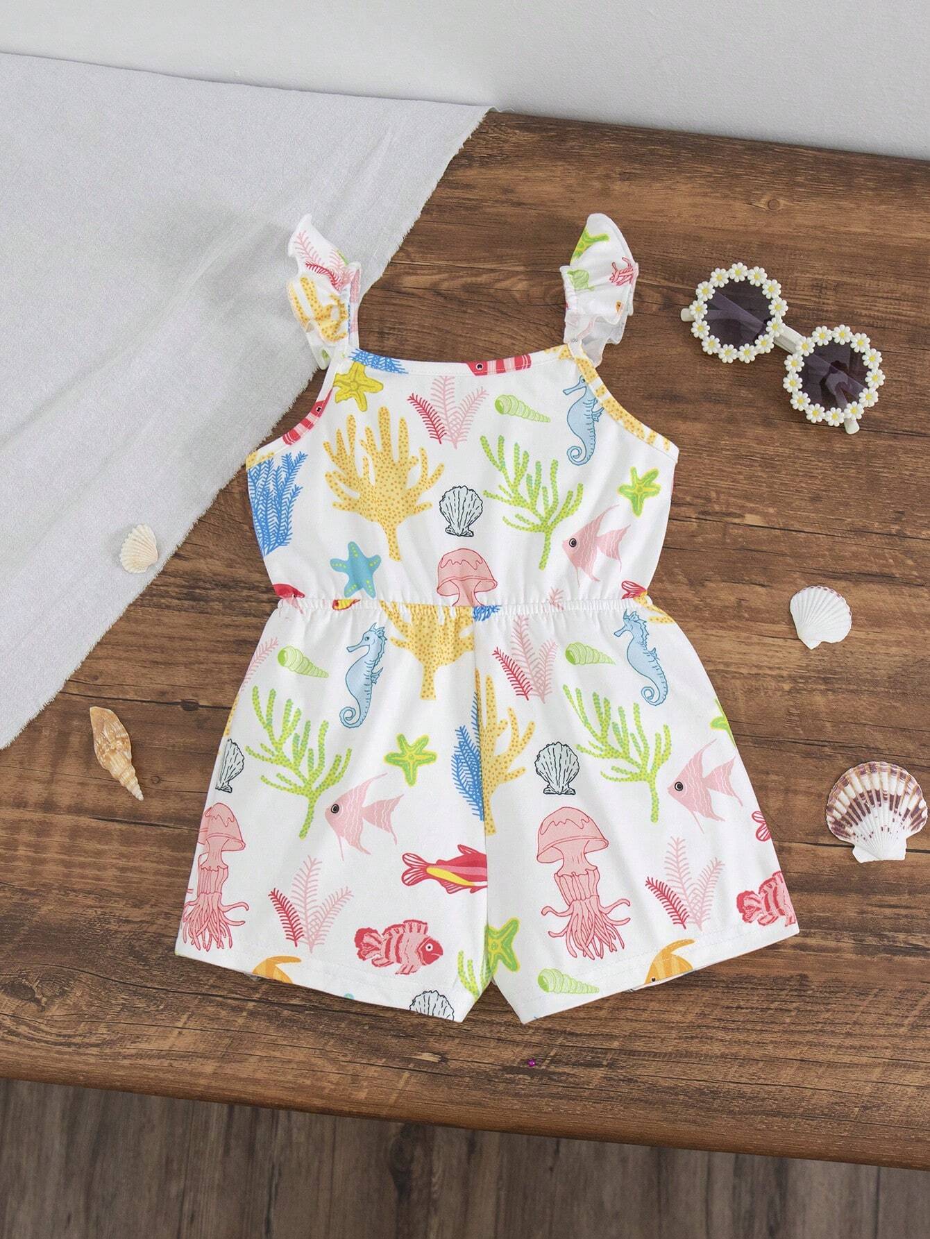 Girls Ocean Print Ruffle Strap Romper - Ivory | 21 Century Kids