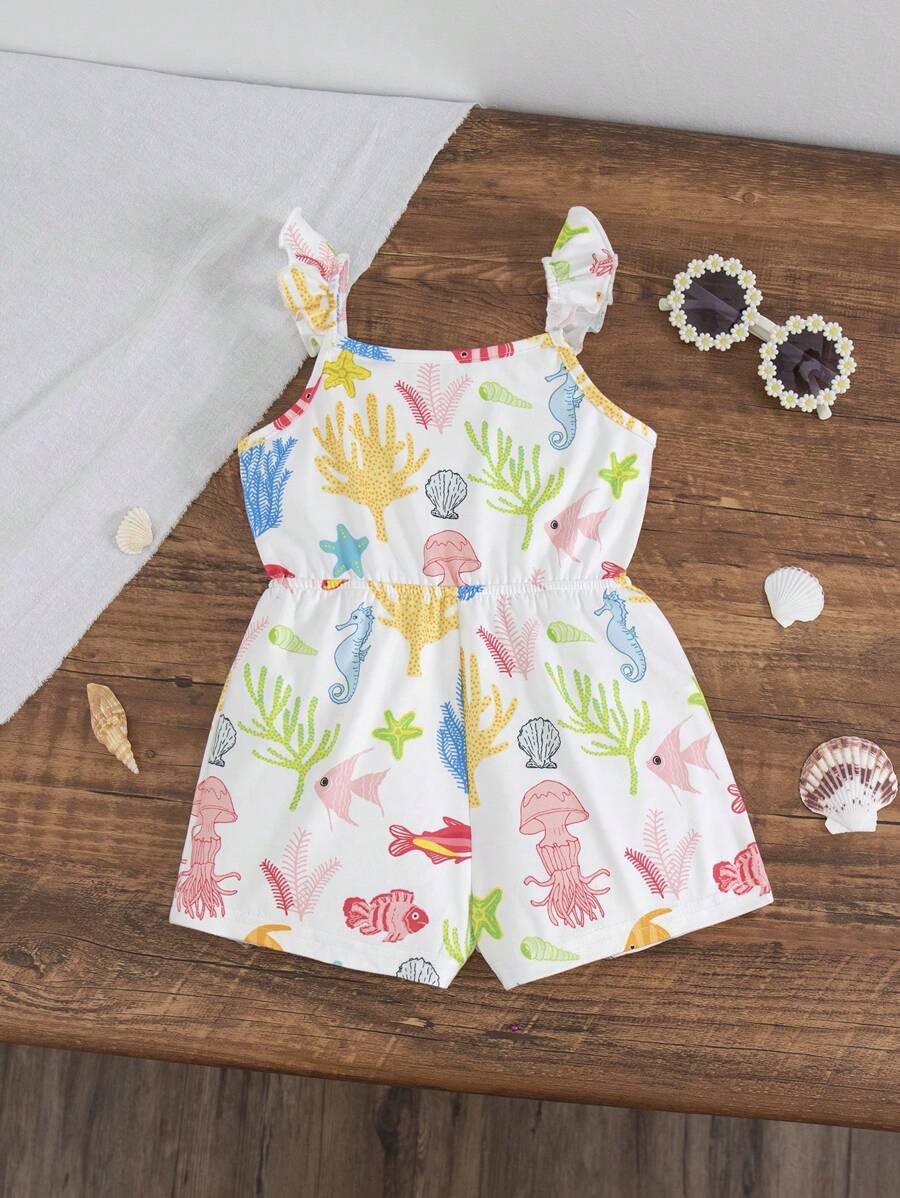 Girls Ocean Print Ruffle Strap Romper - Ivory | 21 Century Kids