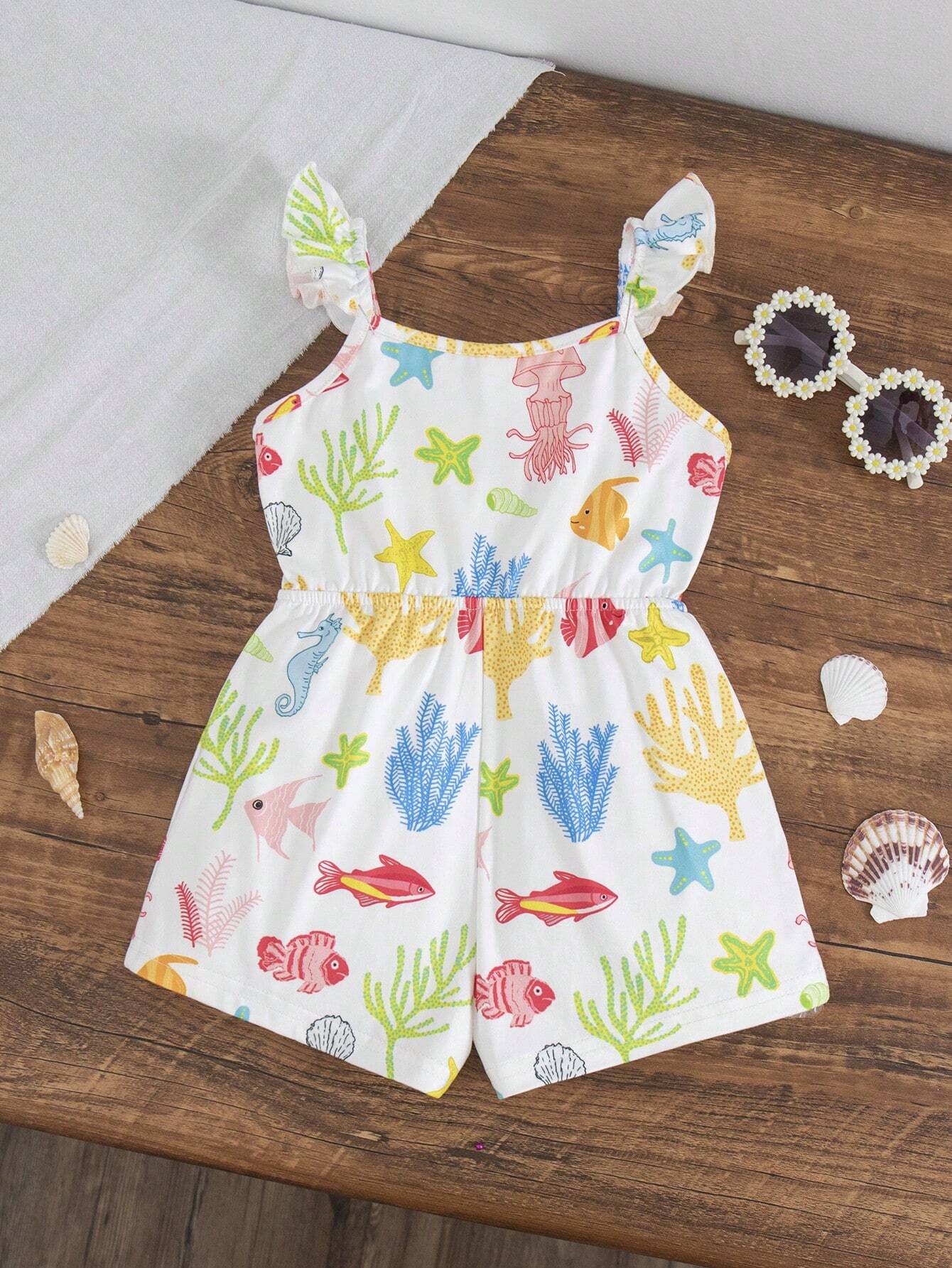 Girls Ocean Print Ruffle Strap Romper - Ivory | 21 Century Kids