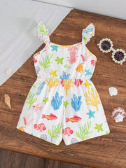 Girls Ocean Print Ruffle Strap Romper - Ivory | 21 Century Kids