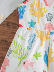 Girls Ocean Print Ruffle Strap Romper - Ivory | 21 Century Kids