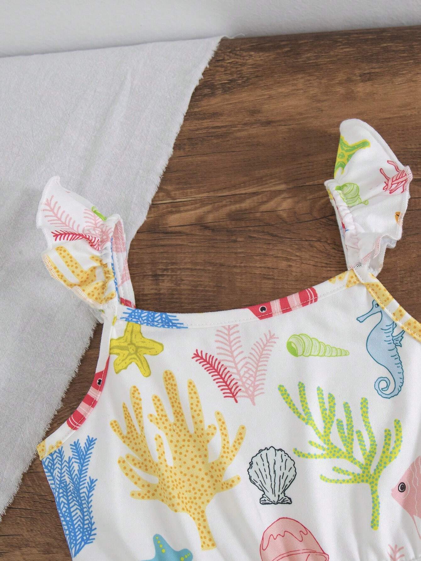 Girls Ocean Print Ruffle Strap Romper - Ivory | 21 Century Kids