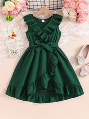 Little Girls Ruffle Wrap A-Line Sleeveless Dress - Emerald