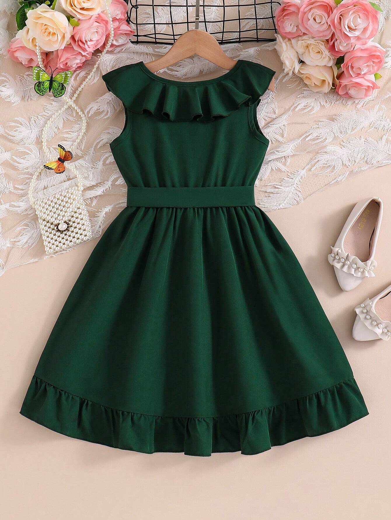 Little Girls Ruffle Wrap A-Line Sleeveless Dress - Emerald