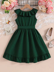 Little Girls Ruffle Wrap A-Line Sleeveless Dress - Emerald