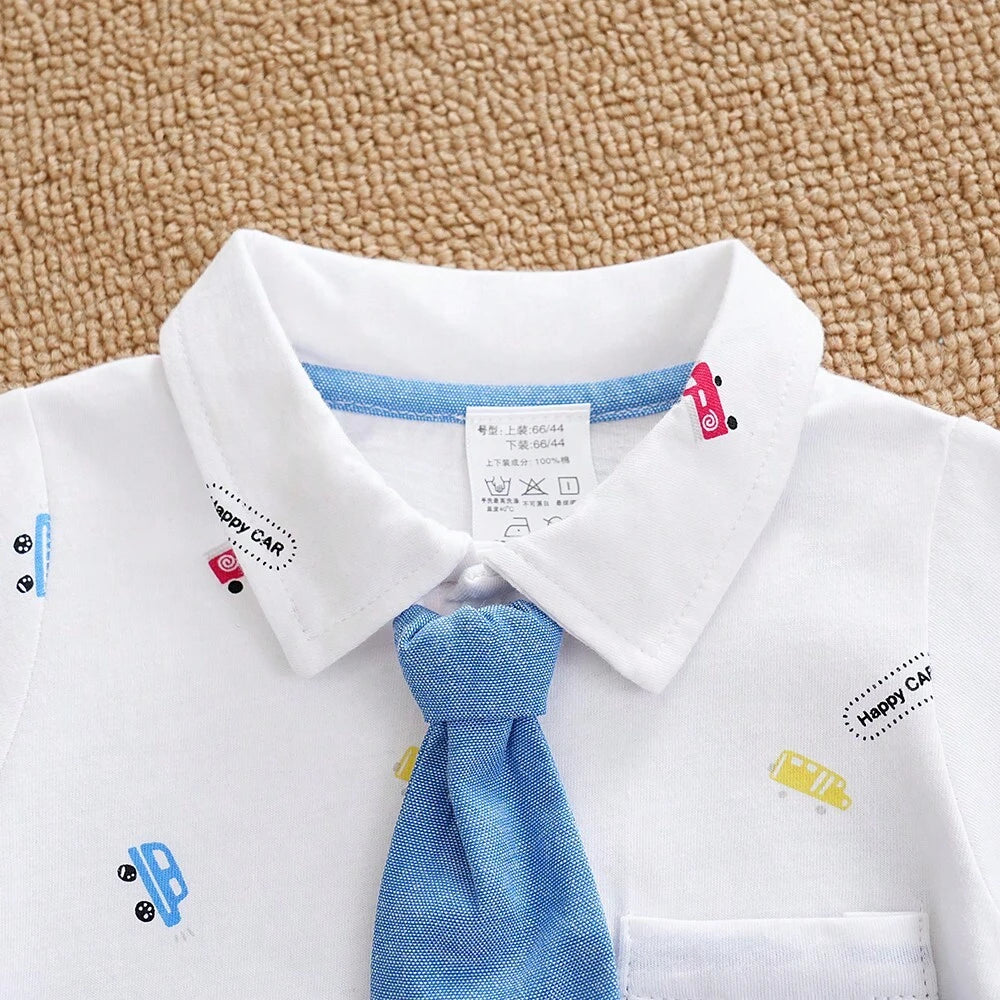 Baby Boys Car Print Collar Romper - Ivory